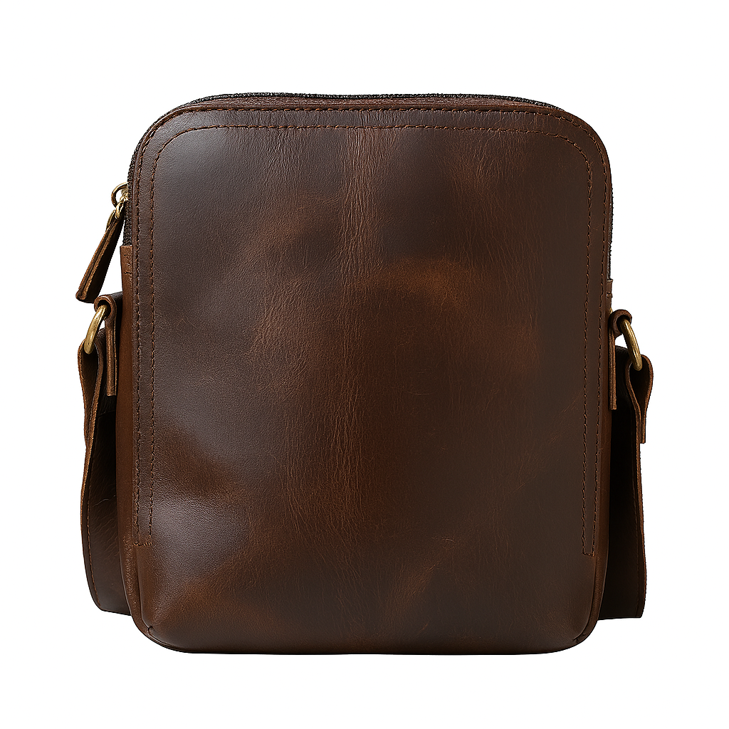 Full‑Grain Leather Unisex Sling Bag – Compact Crossbody with Dual Zippers